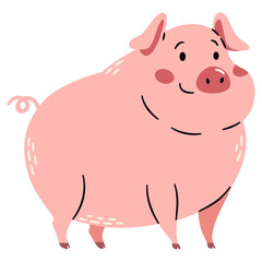 Flat vector illustration in a simple children's style. Cute pig on white background. Farm animals . Vector illustration