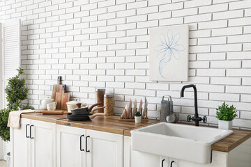 Sink, houseplants and utensils on counter near white brick wall in kitchen