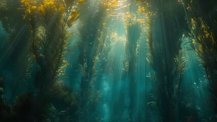Obraz premium A serene underwater scene with kelp illuminated by sunlight.