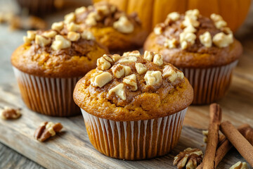 Soft pumpkin muffins with nuts and cinnamon exuding the aroma of autumn, against the background of warm wooden boards