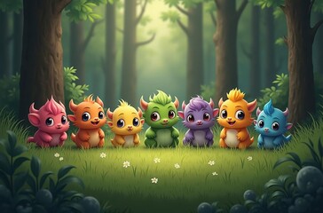 Naklejka premium A charming group of seven cartoon creatures in vibrant colors, gathered in a lush green forest. They radiate joy and friendship amidst a serene woodland setting, perfect for children's illustrations o