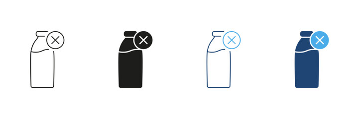 Prohibited Dairy Products Line and Silhouette Icon Set. Cross Sign on Milk Bottle Indicating Dairy Free or Vegan Lifestyle. Editable Stroke. Isolated Vector Illustration