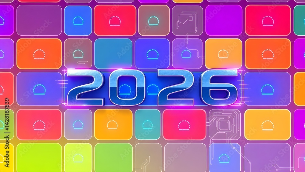 Fototapete 2026 loading word in colored rectangles backgroundLoading New Year 2025 on Chalkboard Background.Year 2026 represented by toy blocksColorful overlapping numbers 2026 on white background