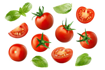 Cherry tomatoes, halves, basil leaves isolated on white background