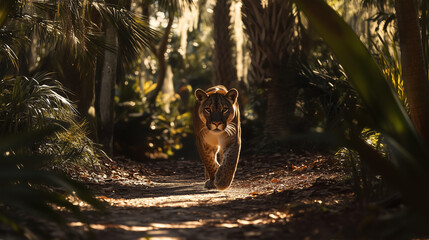 The Florida panther approaches the camera, its sleek form and intense gaze captured in the wild.

