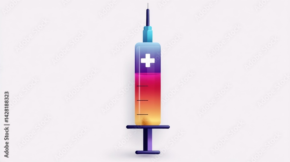 Poster syringe filled with vibrant color gradient and marked with safety icon for medical use in healthcare