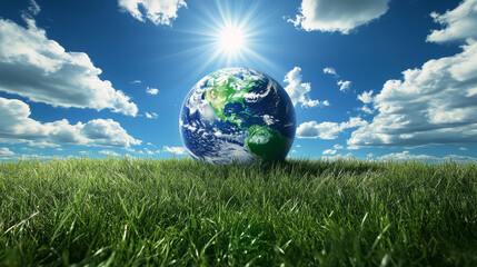 Vibrant earth surrounded by lush grass under bright sun and blue sky, symbolizing environmental awareness and sustainability