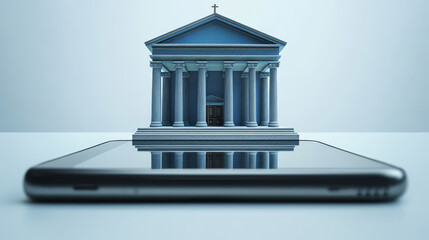 smartphone front of miniature bank building symbolizes modern banking. scene evokes sense of innovation and trust financial