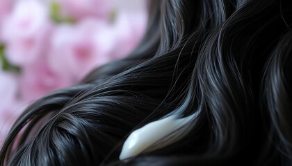 Naklejka premium Close Up of Glossy Black Hair with White Cream