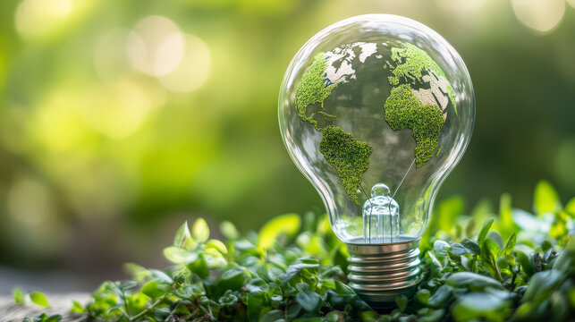 light bulb with world map made of greenery symbolizes sustainable energy and environmental awareness, surrounded by lush
