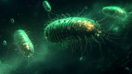 Obraz premium Intricate beauty of glowing digestive bacteria in dark environment, showcasing their unique forms and vibrant colors