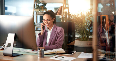 Phone call, computer and business woman in office for virtual meeting, online discussion and...
