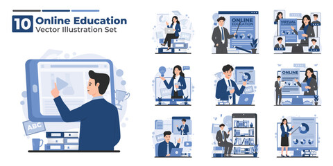 Illustration set of online education including e learning, online courses, digital library access, and virtual study tools