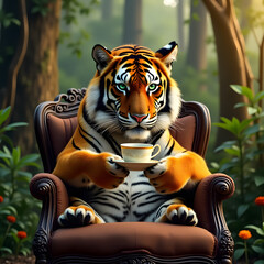 A royal tiger sitting on a vintage wooden chair, elegantly sipping tea from a porcelain cup in a lush jungle 