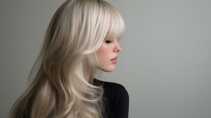 Fototapeta premium Long Shag with Bright Blonde Curtain Bangs for woman.