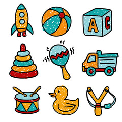 Fototapeta premium Colorful Hand Drawn Kids Toys Doodle Set