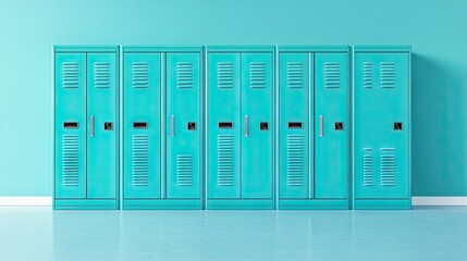 Row of teal lockers against a mint green wall.