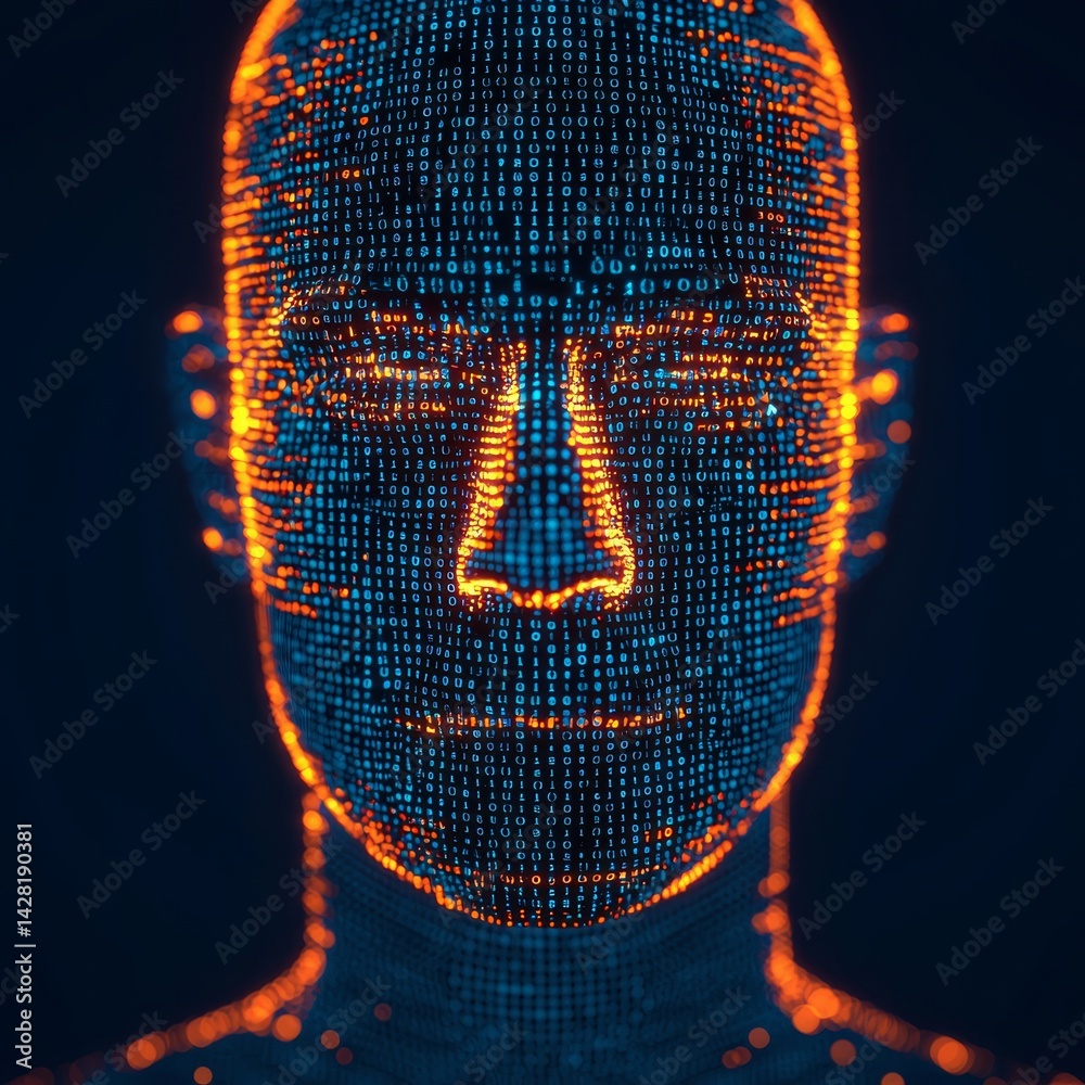 Poster digital face composed of binary code and vibrant colors.