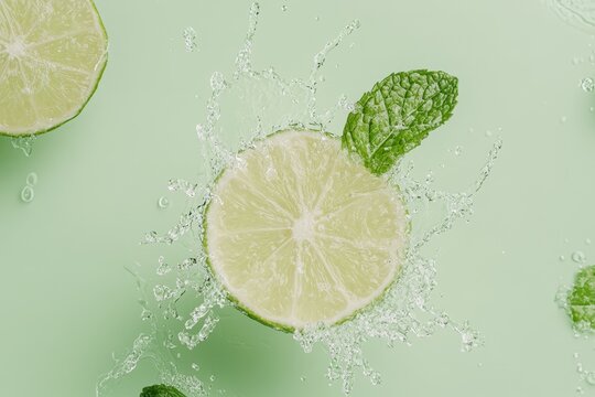 Fresh limes with water splash and mint