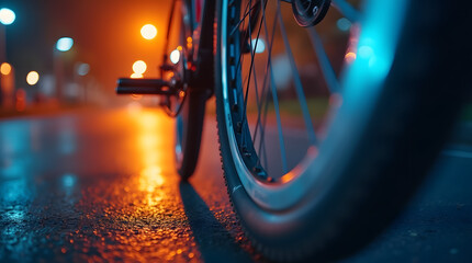 Close-up of bicycle wheel on wet street at night with moody blue and orange duotone city lights