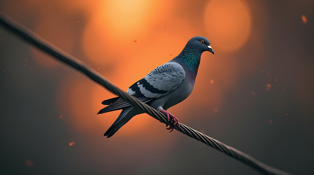 Feral dove sitting on utility wire during sunset with fiery gradient and atmospheric charcoal tones
