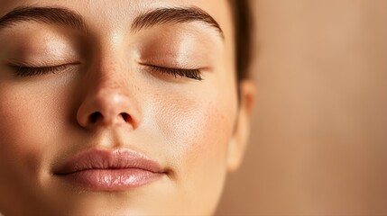 Obraz premium Close-Up of Relaxed Woman with Serene Expression on Neutral Background