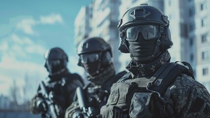 Military personnel in tactical gear prepare for an urban operation.