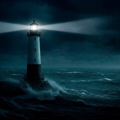 Obraz premium A lighthouse illuminates the stormy sea on a dark night. Space for text.