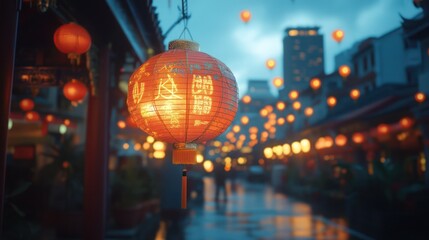 Obraz premium Festive lanterns illuminate Asian street at dusk