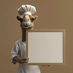 A friendly camel dressed as a professional chef, complete with a white apron and a tall hat, stands proudly while presenting a blank signboard. With a welcoming expression