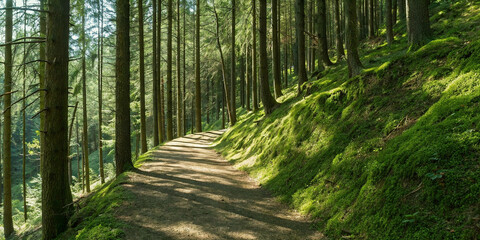 Obraz premium Sunlit forest path with pine trees and moss-covered hillside in vibrant greenery