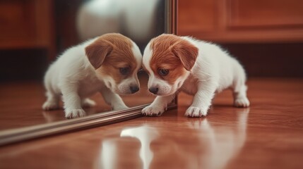 A playful puppy admires its reflection in a mirror. The curious gaze captures the innocence and wonder of youth. Moments like these bring joy and warmth. Generative AI