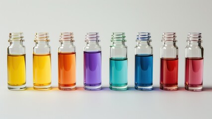 A colorful array of small glass bottles filled with vibrant liquids.