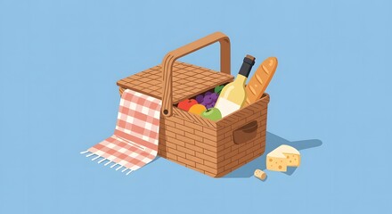 Picnic Basket with Wine, Bread, Cheese, and Fruits on Blue Background