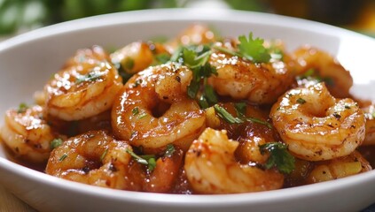 Shrimp dish in a white bowl garnished with green herbs close up.