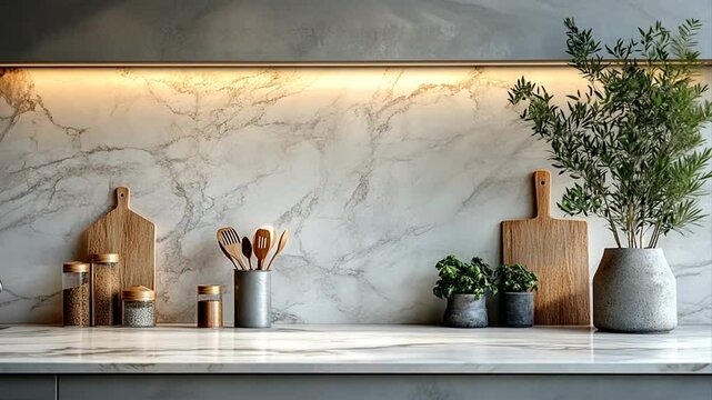 Sleek kitchen countertop scene featuring marble backsplash wooden accents and delicate green houseplants
