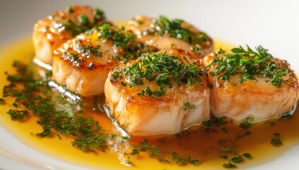 Pan seared scallops with herbs in a butter sauce on a plate.