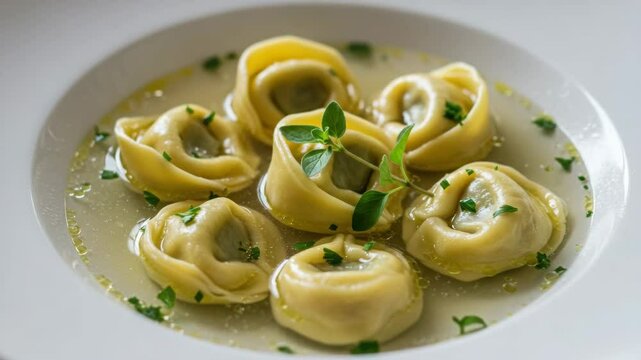 an AI generated video of close-up of a bowl of tortellini in a light broth, garnished with fresh herbs like parsley and basil, presented on a white plate.