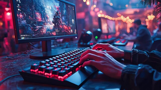 A close-up of a gamer's hands typing on a mechanical RGB keyboard, with a gaming monitor displaying a futuristic game in a neon-lit esports arena