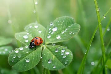 A ladybug on a four leaf clover a serene scene of nature with morning dew drops