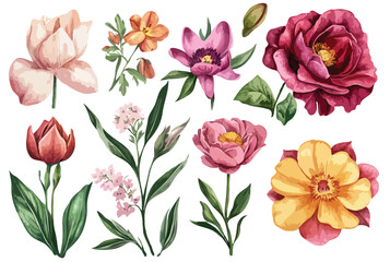 tulip, orchid, lily, rose, water lily, marigold,,jasmine, lotus, clipart, vector illustration, isolated on white