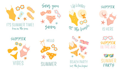 Summer big set isolated on white background. Summer phrases with swimsuits, sunglasses and other accessories. Life is better on the beach. For poster, banner, badge, label, print, travel
