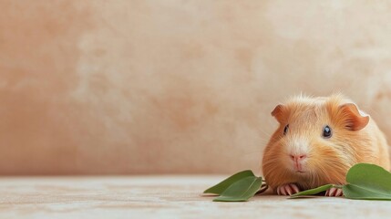 Close-up of a guinea pig sitting on a beige-colored surface. the pig has light brown fur with white patches on its face and ears. it is looking directly at the camera with a curious expression.