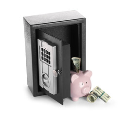 Open modern safe box with money and piggy bank isolated on white background