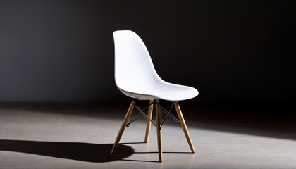 White Chair with Wooden Legs in Dark Room, Dramatic Lighting