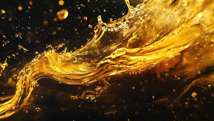 Golden liquid splashes and swirls against a dark background creating dynamic motion.