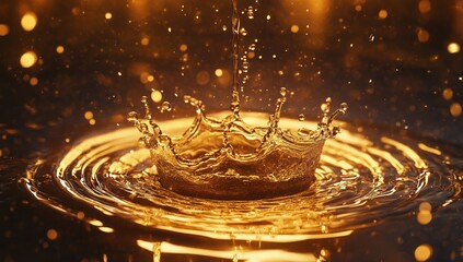 Liquid drop creates crown shape and ripples in golden fluid.