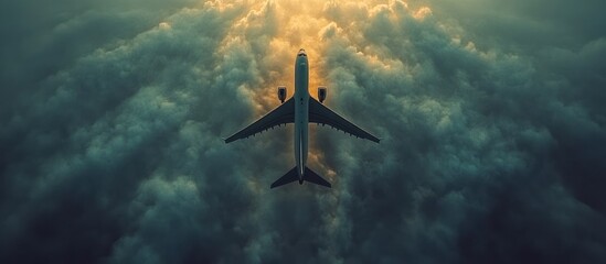 Naklejka premium Airplane above clouds sunset travel