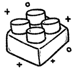 Sketch-style toy building block with bold black lines and playful geometric doodles on white background