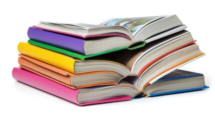 Colorful magazines stacked on a white background